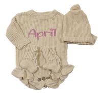 3 set - béžové pletené body s nápisem + čepice s bambulí + capáčky 