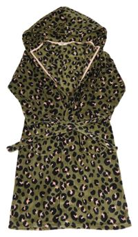 Khaki-černo-růžový plyšový župan s kapucí a leopardím vzorem M&S