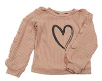 Růžová žebrovaná úpletová mikina se srdcem a volánky Shein