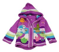 Fiaovo-barevný propínací svetr se zvířátky a kapucí 