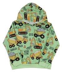 Světlezelená mikina s bagry a kapucí 