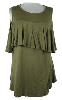 Dámská khaki tunika s průstřihy na ramenou a volánem Bloomchic 