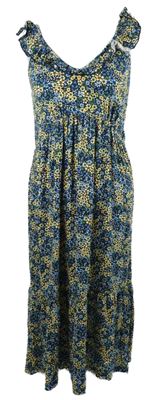 Dámské černo-modro-žluté kytičkované midi šaty s volánky 