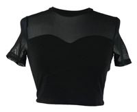 Dámské černé crop tričko s tylovými rukávy a výstřihem