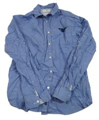 Modro-bílá pruhovaná košile s nápisy