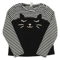 Černo-bílé pruhované triko s kočkou Shein