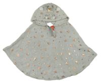 Nové - Světlešedé chlupaté pončo s hvězdami a kapucí- kočka vel.98-110