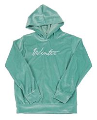 Mintová sametová mikina s nápisem a kapucí