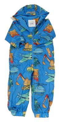 Modrá šusťáková lehce zateplená kombinéza s auty a letadly a kapucí Nutmeg