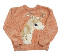 Růžový žinylkový svetr s jednorožcem z flitrů C&A