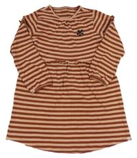 Mahagonovo-pudrové pruhované šaty s květem a volánky noppies