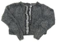 Šedý chlupatý vlněný cardigan s flitry 