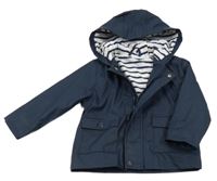 Tmavomodrá nepromokavá jarní bunda s nápisem a kapucí