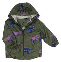 Khaki šusťáková jarní bunda s dinosaury a kapucí Joules