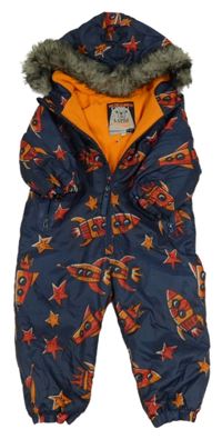 Tmavomodrá šusťáková zimní kombinéza s raketami a kapucí F&F