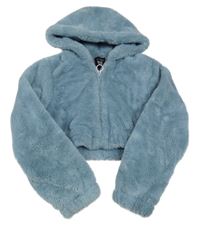 Modrošedá kožešinová podšitá crop bunda s kapucí New Look