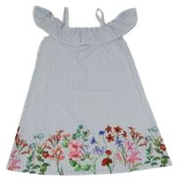 Bílo-modré pruhované lehké šaty s kytičkami a volnými rameny Shein