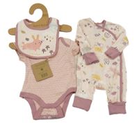 Nové - 3set - Broskvový overal se zajíčky + růžové body + světlerůžový bryndák Home Grown