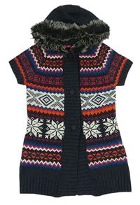 Tmavošedo-smetanovo-barevná vzorovaná pletená propínací vesta s vločkami a kapucí s kožešinou YD