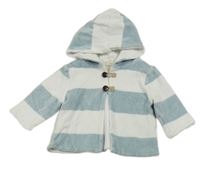 Modrošedo-bílá pruhovaná sametová propínací podšitá mikina s kapucí