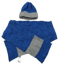 2Set - Tmavomodro-modro-šedá melírovaná žebrovaná čepice + šála 
