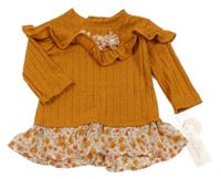 Nové - hořčicovo-smetanová třpytivá žebrovaná šatová úpletová tunika s květy a volánky Little Lass