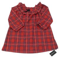 Nové - červeno-tmavomodré kostkované vzorované úpletové šaty s mašlí a volánkem St. Bernard