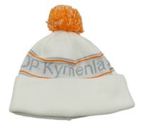 Bílo-oranžovo-šedá pletená čepice s nápisy a pruhy a bambulí