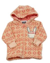 Meruňkovo-jahodová vzorovaná plyšová bunda se zajíčkem a kapucí s oušky lupilu