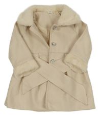 Smetanový flaušový podšitý kabát s kožešinou a límečkem a páskem SHEIN