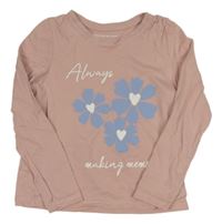 Pudrové triko s květy a nápisy PRIMARK