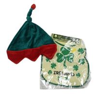 Nové - 2Set - Tmavozeleno/červená sametová čepice M&S + smetanovo/tmavozelený bryndák s trojlístky Ireland