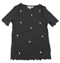 Černošedé žebrované tričko s kytičkami H&M