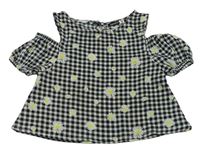 Černo-bílá kostkovaná crop halenka s květy a průstřihy zn. Pep&Co
