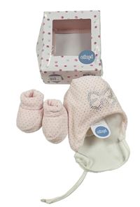 Nové - 2set - Světlerůžová puntíkatá sametová čepice s kamínky + capáčky
