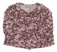 Vínovo-černo-růžová vzorovaná halenka s límečkem