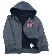 Tmavomodrá melírovaná zateplená propínací mikina s číslem a kapucí Okaidi