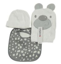 3set - Bílá bavlněná čepice + bílá žinka s medvědem + šedý vzorovaný bryndák