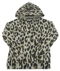 Šedo-černo-hnědá lehká leopardí pletená mikina s kapucí Matalan