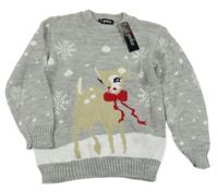 Nové - šedý vzorovaný vánoční svetr se sobem 