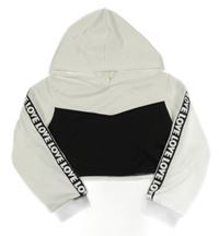 Bílo-černá sportovní crop mikina s nápisy na rukávech a kapucí shein