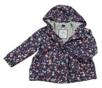Tmavomodro-barevná květovaná šusťáková jarní bunda s kapucí Topomini