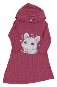 Tmavorůžové úpletové žebrované šaty s kočkou a kapucí 