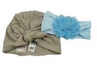 2 set - modrá čelenka s 3D květem + béžová turbanová čepice 