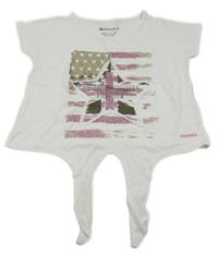 Bílé crop tričko s vlajkou a uzlem blue effect