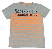 Šedo-neonově oranžové tričko s pruhy a nápisem Yigga