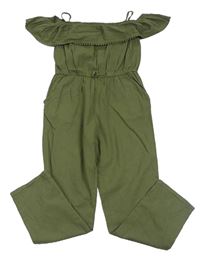 Khaki krepový letní kalhotový overal s volnými rameny a volánkem H&M