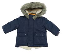 Tmavomodrá šusťáková zimní bunda s kapucí s kožešinou Primark