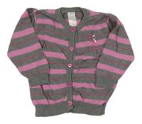 Šedo-růžový pruhovaný propínací svetr s pejskem Dopodopo