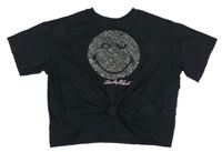 Černé crop tričko se smajlíkem z kamínků H&M